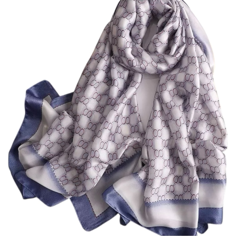 NWT Soft Silky Satin Blue Monogram Scarf Beach Coverup Oversized Shawl Wrap